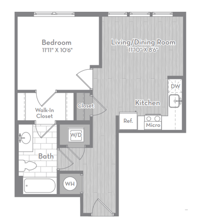 Floor plan for 1 bed, 1 bath, 595 sqft